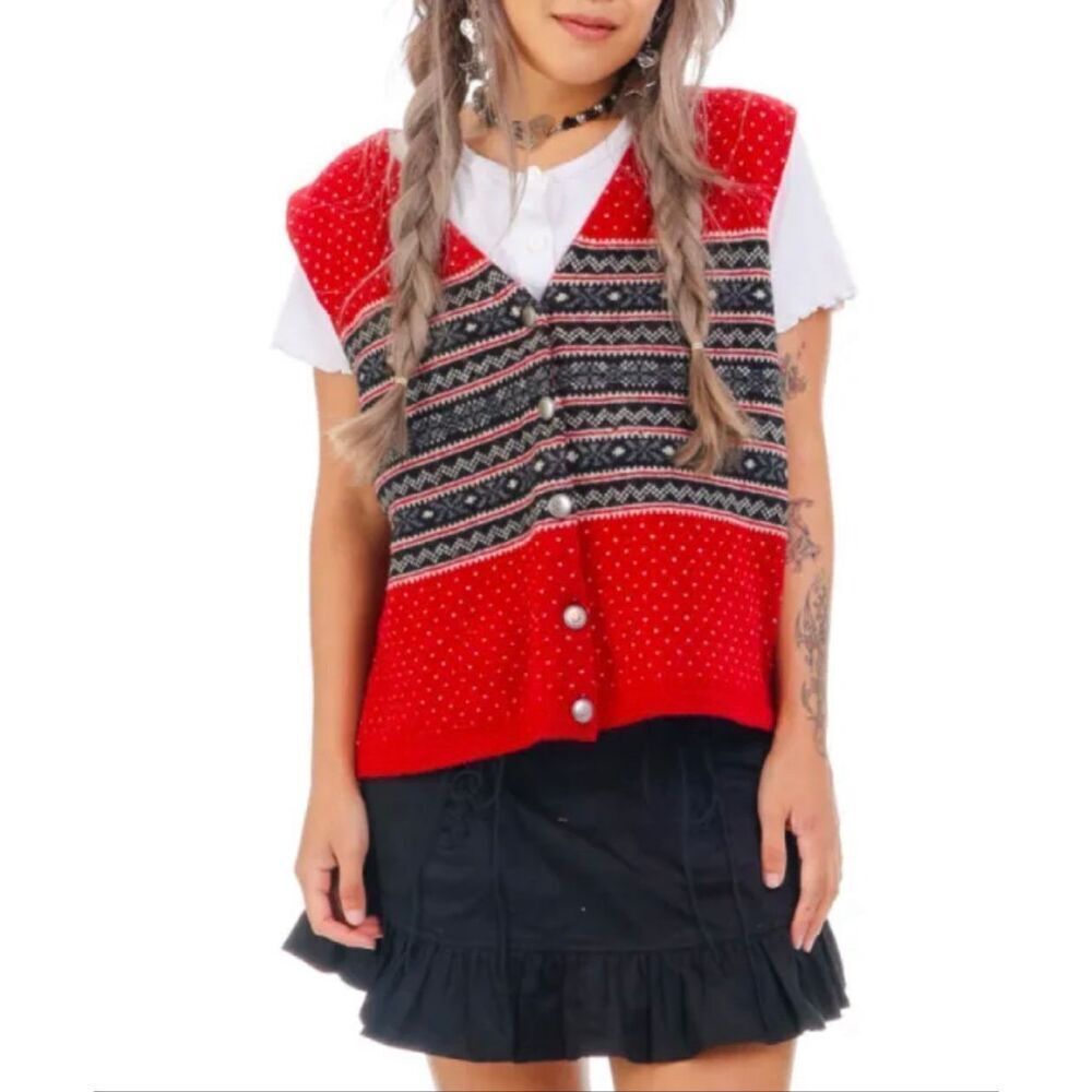 Vintage Eddie Bauer 100% Lambswool Red Printed Button Up Sweater Vest Women's L